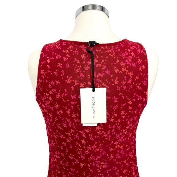 41 Hawthorn Floral Ruched Midi Mesh Overlay Dress Berry Red Pink Size Large NWT - Picture 6 of 11